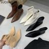 Fashion SUOJIALUN Winter New Thin Low Heel Women Ankle Boots Fashion Pointed Toe Slip On Chelsea Boots Shoes Soft Leather Short Boots