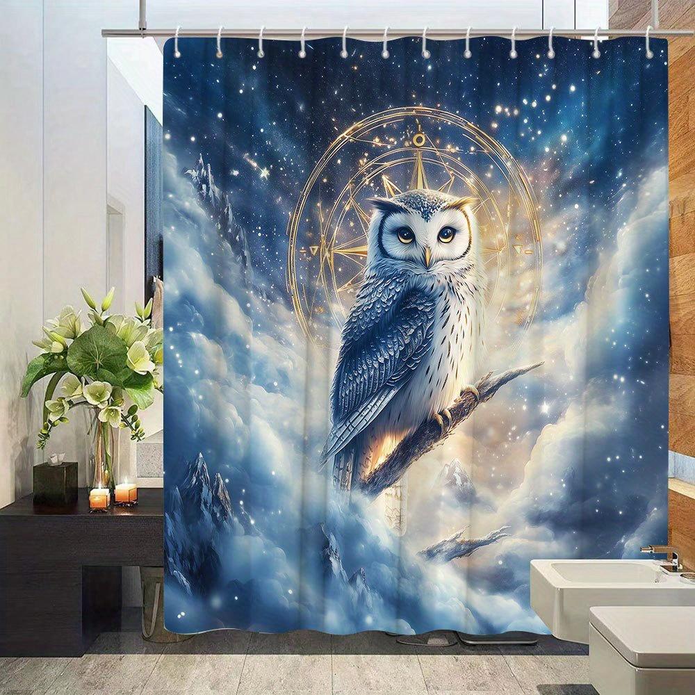 1pc Starry Owl Shower Curtain Animal Pattern Bathroom Decor Polyester Fabric Includes 12 Hooks