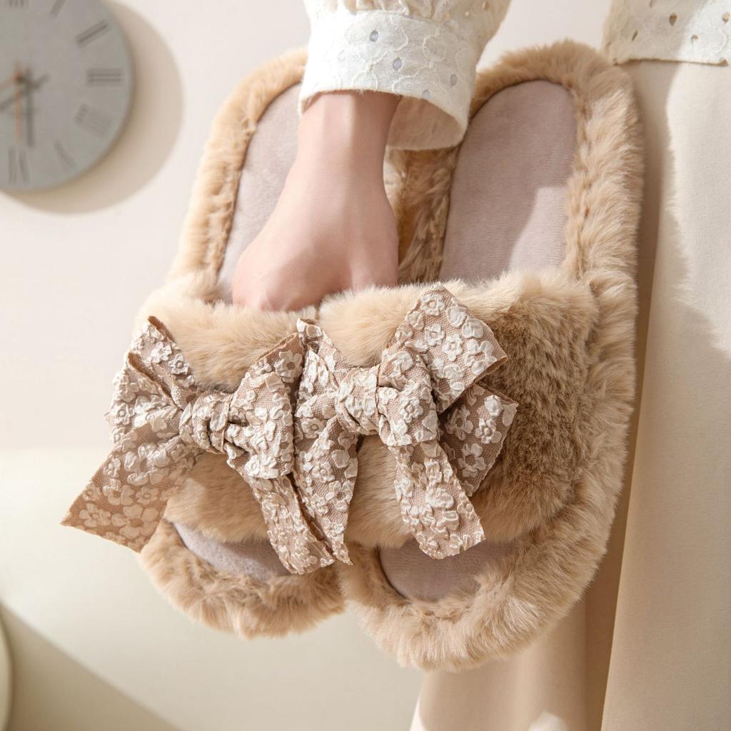 Elegant Hairy Slippers Bow Tie Girls Fall and Winter Cotton Slippers Female Home Indoor Plush Slippers Fur Slippers Home Shoes Slippers Pink