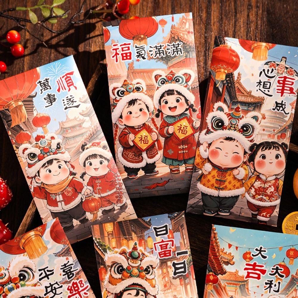 6pcs Traditional New Year Red Envelopes Cartoon Panda Red Packet Lunar New Year Gifts