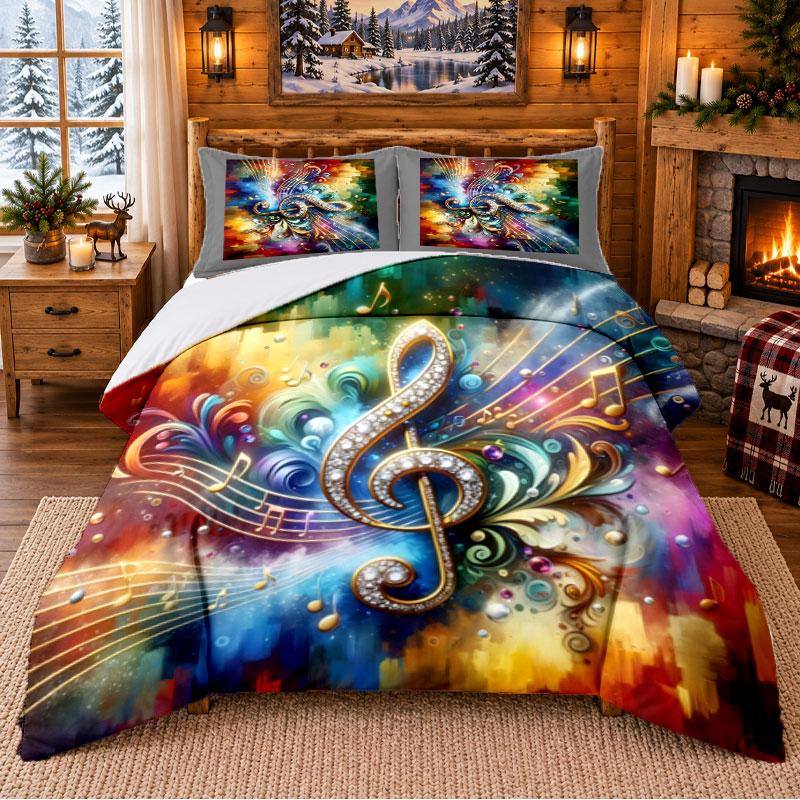 Colorful Musical Pattern Bedding 3Pcs Set Bed Sheet And Pillowcases For Indoor Bedroom