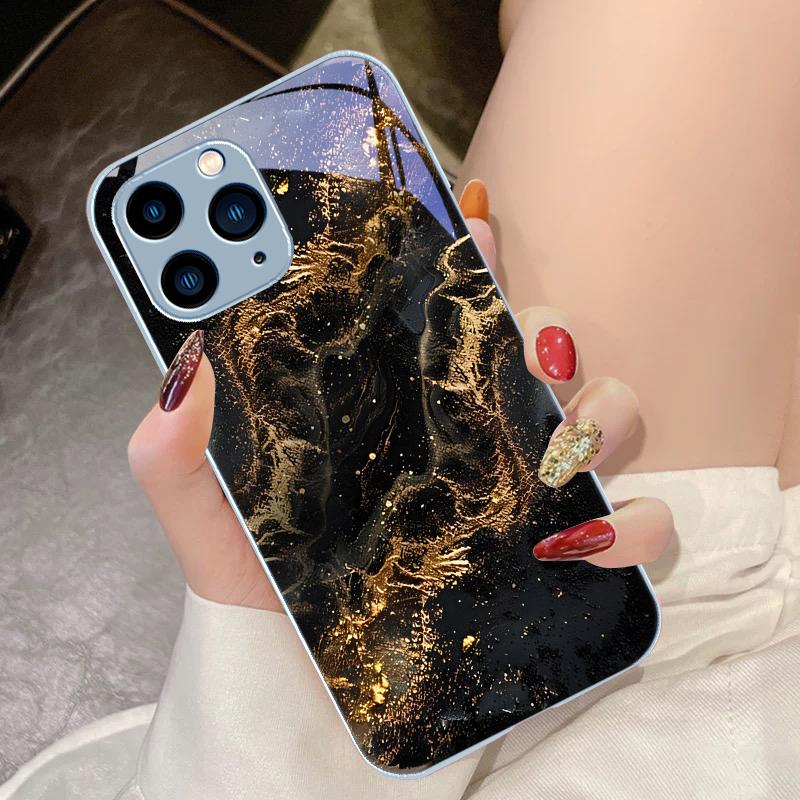 Темно-золотистый черный чехол из закаленного стекла для iPhone 16 Pro Max 15 Pro 14 13 12 Mini 11 XS Max XR 7 8 Plus SE 2022