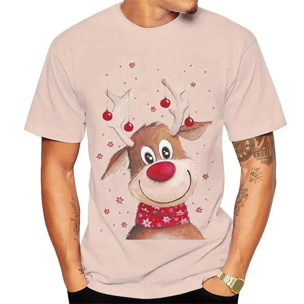 Christmas Elk 3D Print T Shirt For Men X'mas Harajuku Streetwear Fashion O-neck Short Sleeve New Year Gift Oversized TOPS