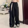 Женские повседневные брюки в стиле ретро с высокой талией: Спортивный стиль Harajuku Spliced, уличная мода, свободный крой в стиле хип-хоп с завязками на резинке
