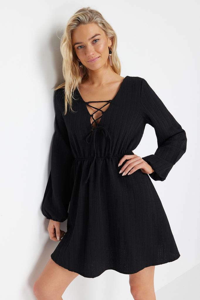 Women's Fashion New Dress Black Mini Woven Tie-Up Linen Blend Beach Dress