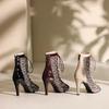 Сексуальный леопардовый узор, сетчатый тонкий каблук, высокий каблук для женщин, элегантный размер 43, дышащие сандалии, шнуровка, открытый носок, классные ботинки