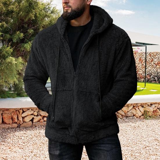 Зимний мужской свитер с капюшоном, застежкой-молнией, длинными рукавами, затягивающимся шнурком, плотный плюшевый однотонный кардиган с карманами, средней длины