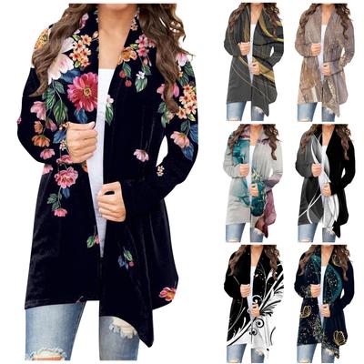 Женская модная повседневная куртка-кардиган средней длины с цветочным принтом, пальто
