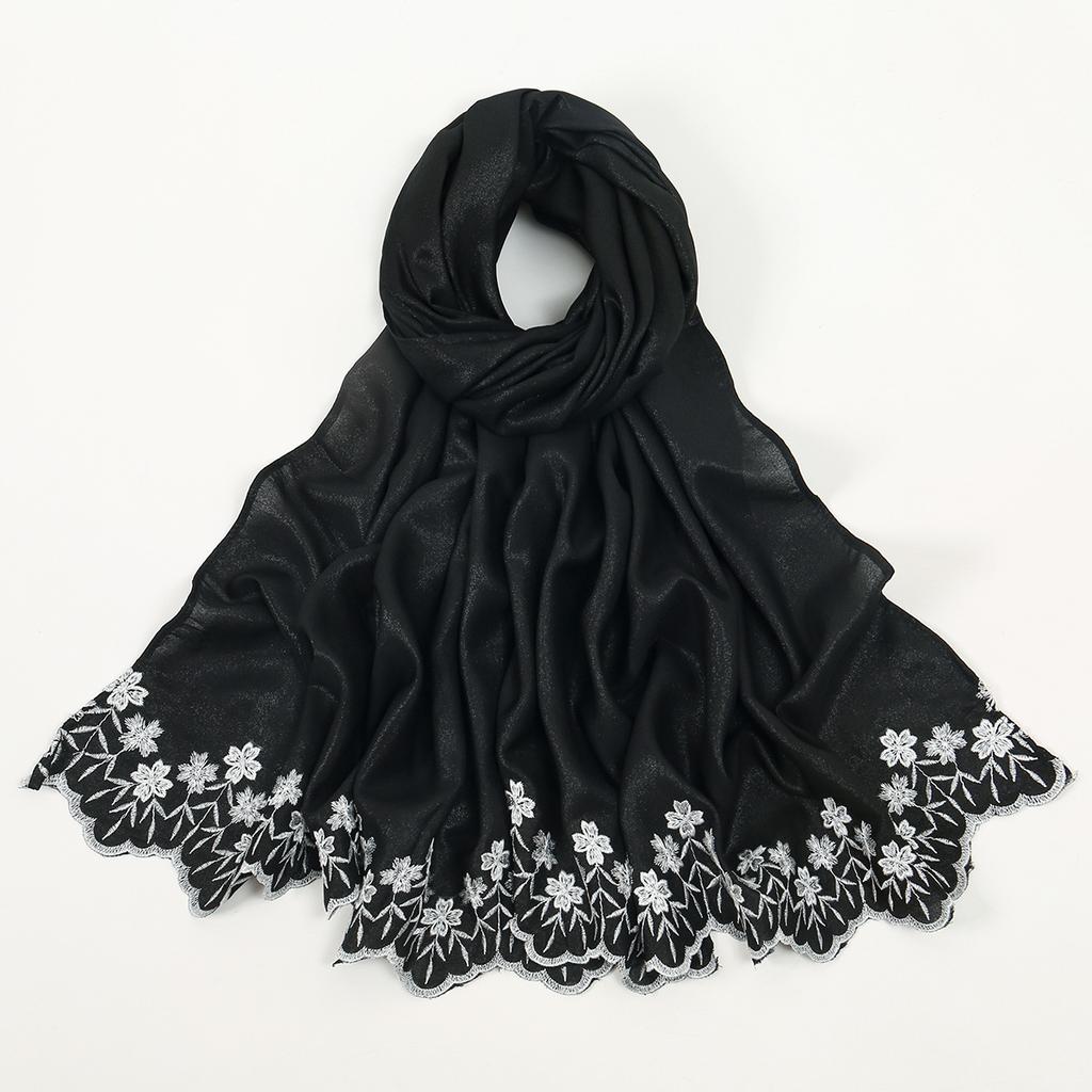 Solid Color Chiffon Embroidery Hijab - Ruffled Edge Long Scarf Islam Hijabs Women's Turbans Head Wrap Lightweight Scarf