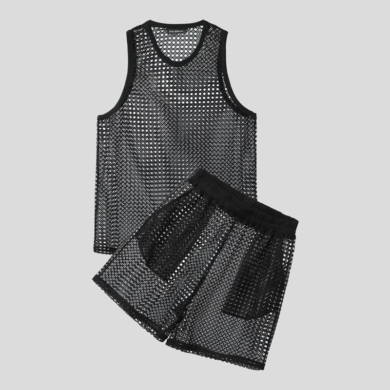 INCERUN Мужские майки без рукавов с вырезами и шорты, пляжные комплекты из двух предметов