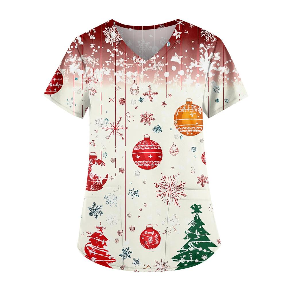 Женская мода V-образный вырез короткий рукав рабочая одежда с карманом рождественский принт топ