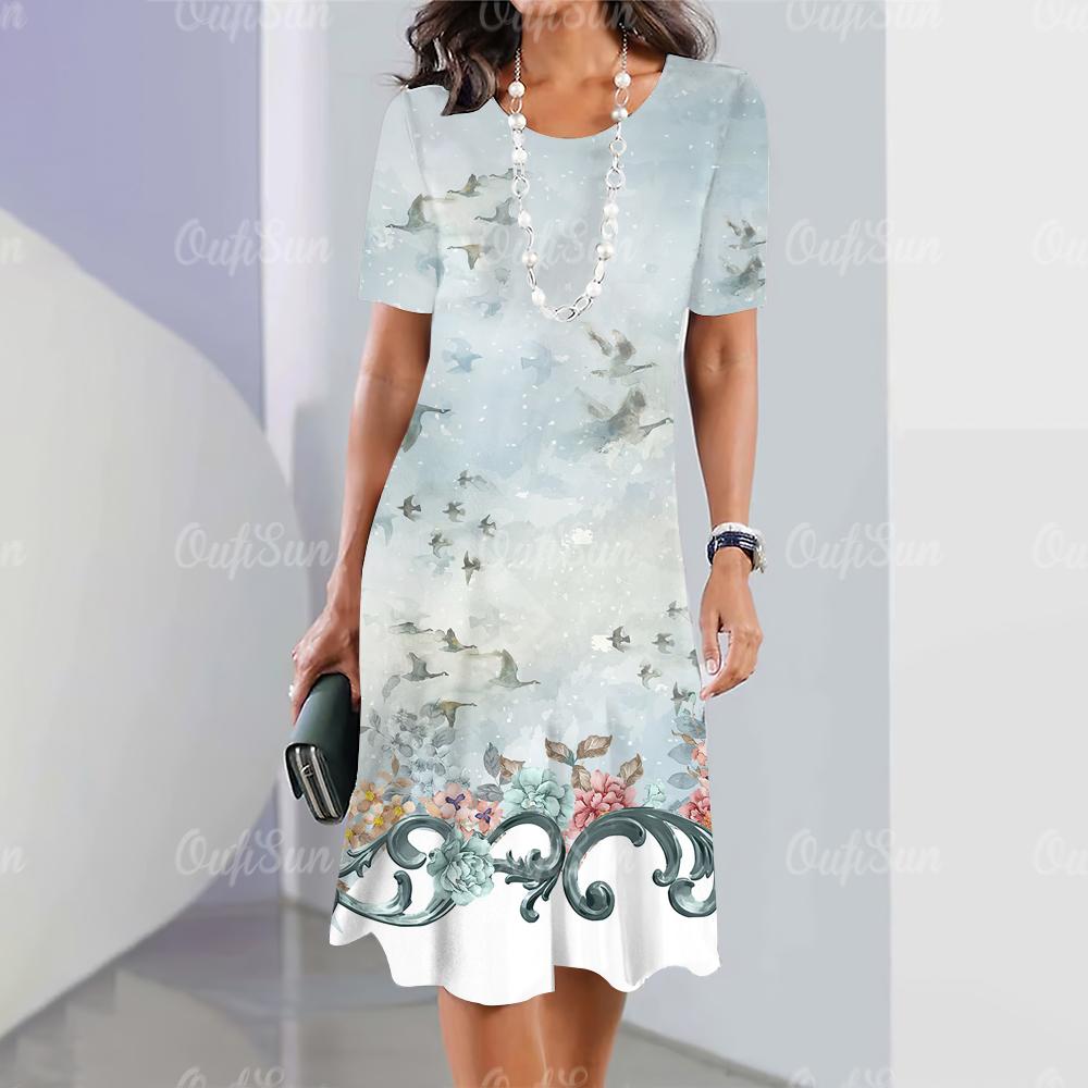 Женские платья 2024 Летние женские платья Винтажные принты Платья для путешествий Элегантная повседневная свободная блузка с коротким рукавом Y2k