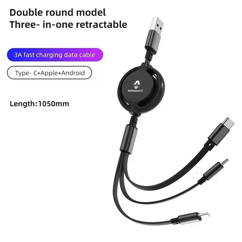 2026 Hot For Renault Interior Stickers Car 3 In 1 Retractable Micro Data Wire USB Type C Fast Charging For Renault Megane 2 3 4