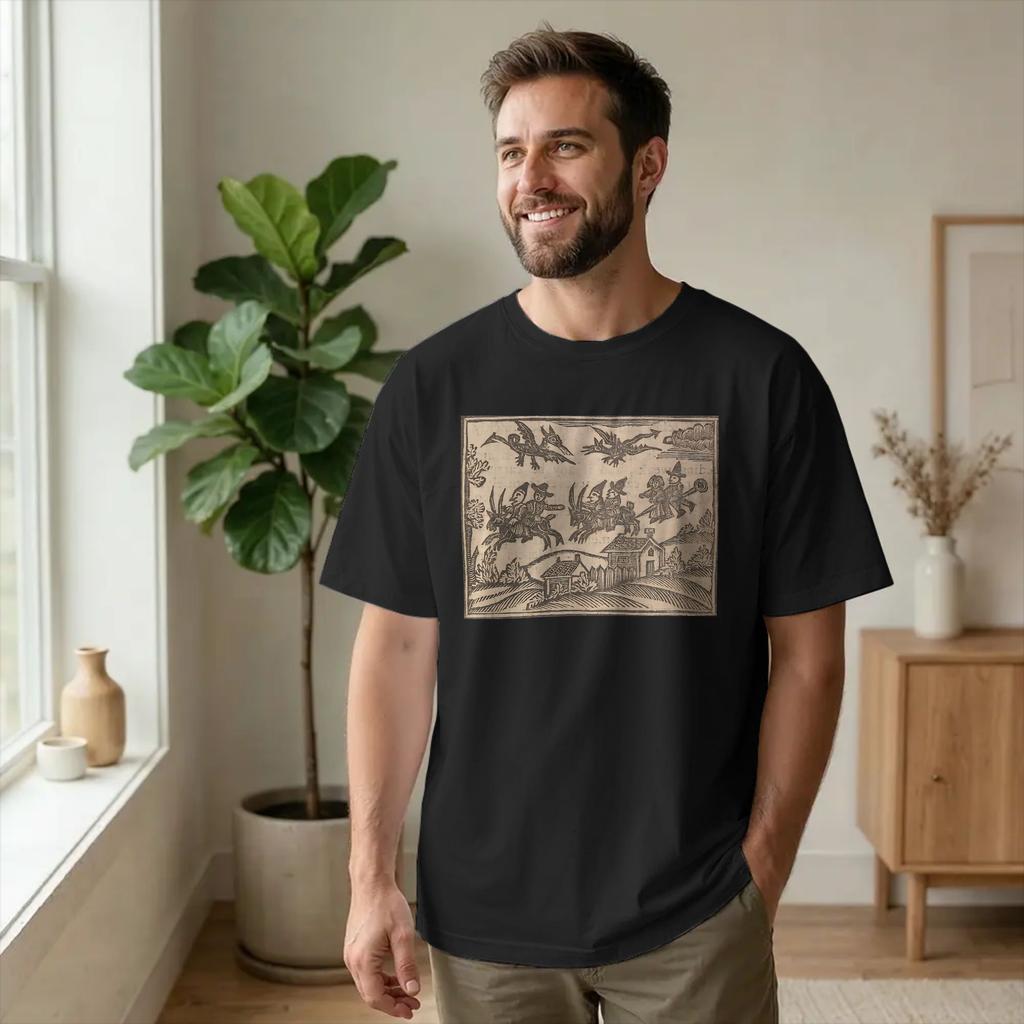 Funny 18th Century European Woodcut Prints TShirts Unisex O Neck Cotton T Shirt Flying Witches Short Sleeve Tee Plus Size merch
