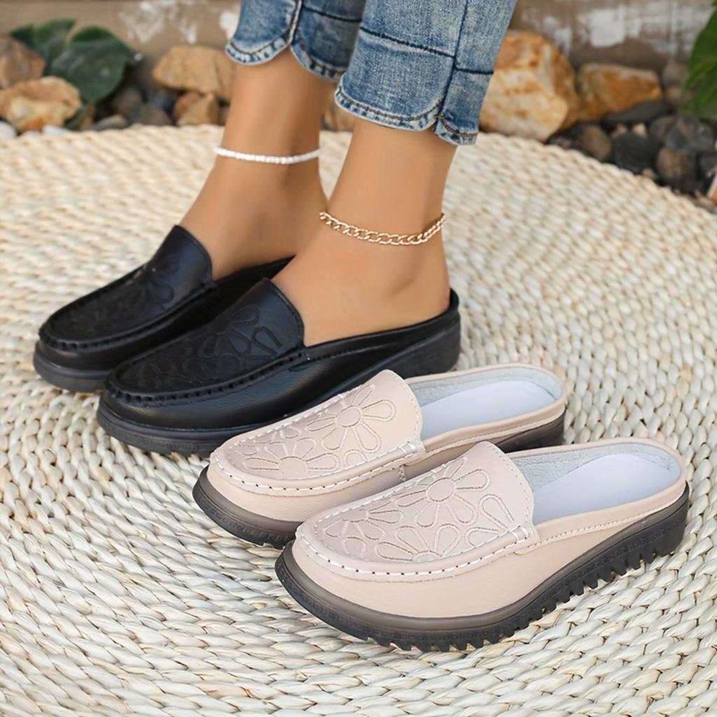 Women's Solid Color Embroidery Mule Shoes, Fashion Hundreds of Flat Shoes, Non-slip Comfortable Casual Women's Shoes