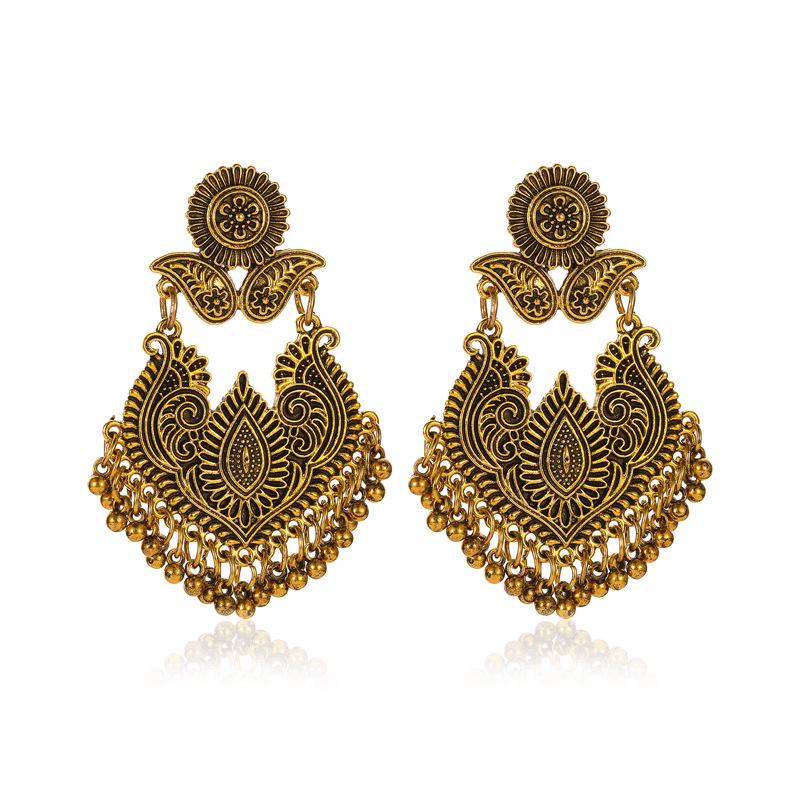 Ethnic Style Retro Pattern Earrings Carved Water Drop Bell Tassel Earrings Female Jewelry