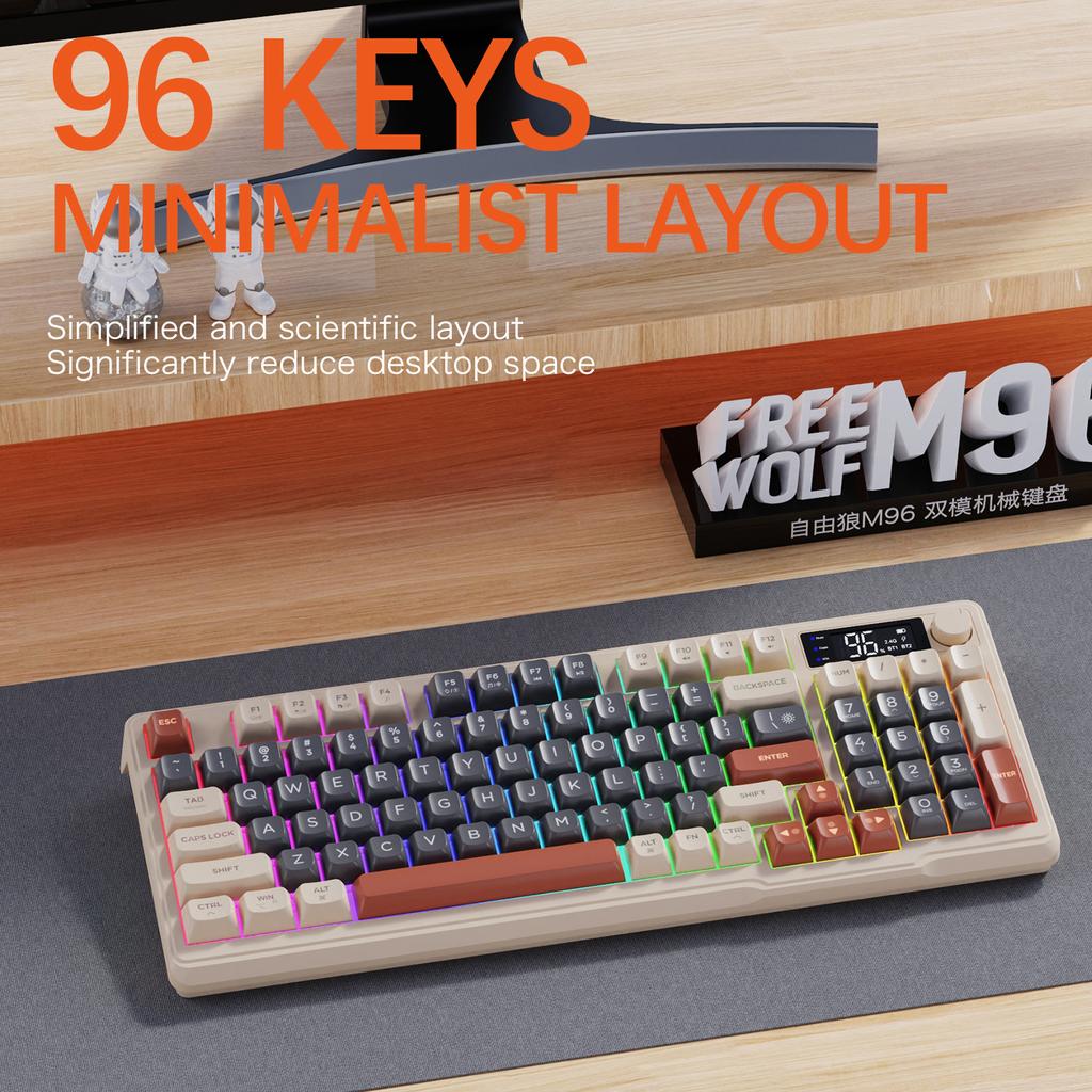 Беспроводная механическая клавиатура FREEWOLF M96 с двумя режимами 2.4G Bluetooth 5.0, 96 клавиш - Сменные PBT-колпачки для киберспорта