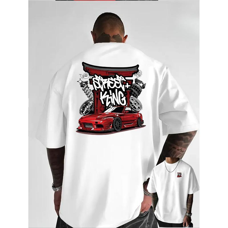 European Size Men Crew Neck T Shirt, Heavy Metal Racing Letter Front Back Print, Versatile Streetwear for Commute Office Home Leisure Daily Wear