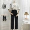 Women Spring Suit Pants High Waist Casual Loose Straight Solid Trouser Office Lady Streetwear Button Up Elastic Nine Points Pant