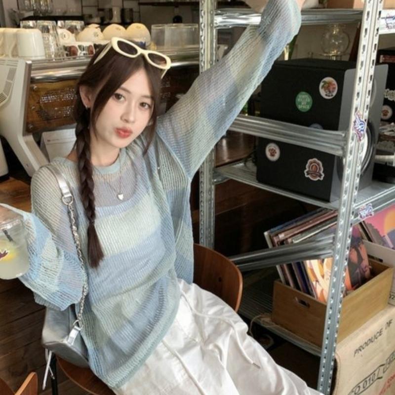 Топ Spicy Girl Hollowed Out Striped Sunscreen Ice Silk Knitted Sweater Womens Spring and Summer Cover Thin Version