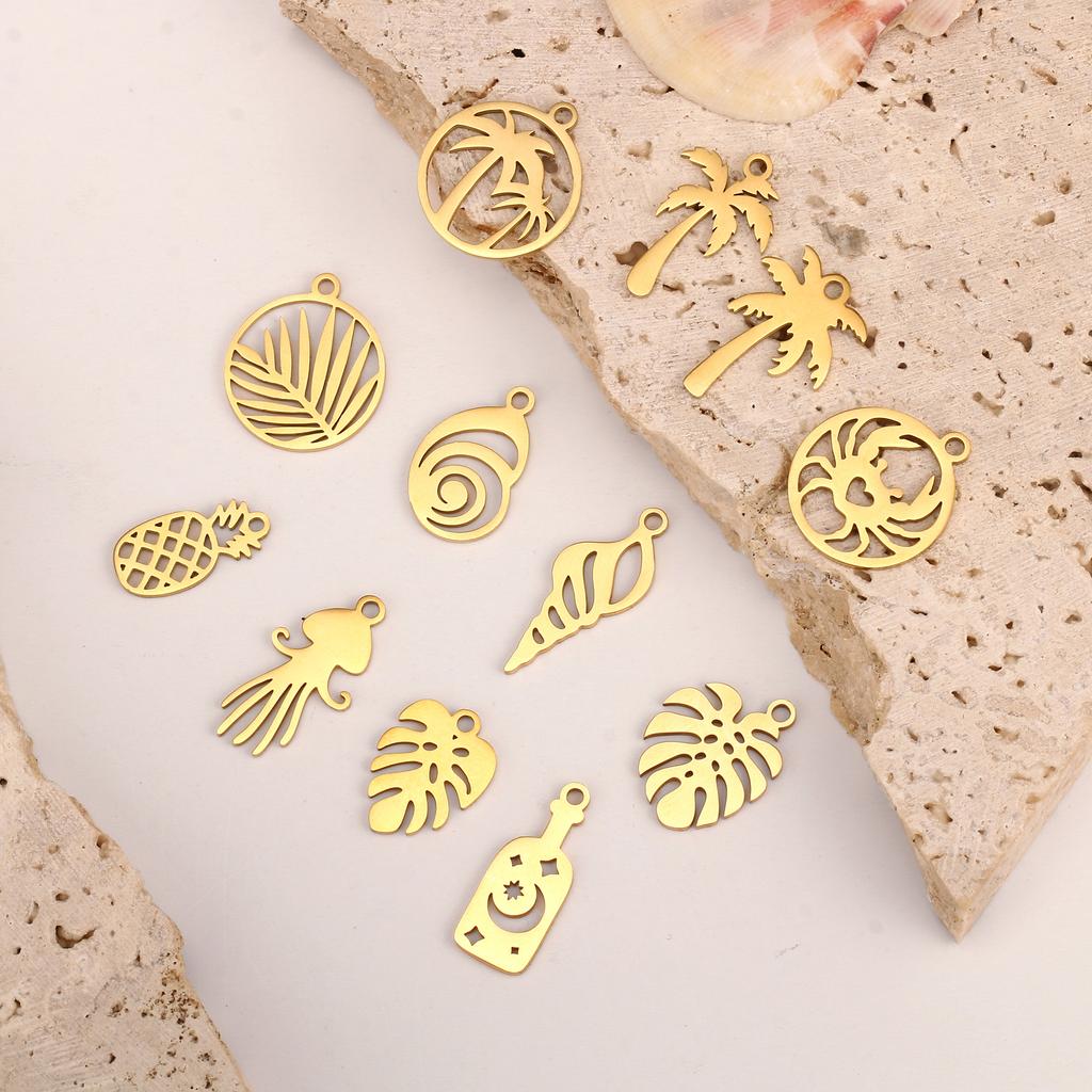 5Pcs Pineapple/Monstera Leaf/Tropical Hawaii Palm Tree Charms Stainless Steel Conch Pendant DIY Bracelet Necklace Jewelry Making