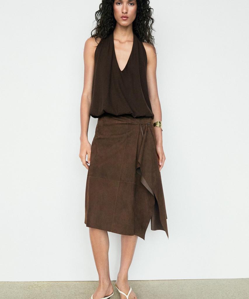 Masimodutti Suede Leather Ruffle Detail Midi Skirt