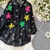 Премиальная рубашка с лацканами и рукавами-фонариками, украшенная бриллиантовыми пайетками в виде цветов, женская летняя милая, омолаживающая, свободная, с бахромой