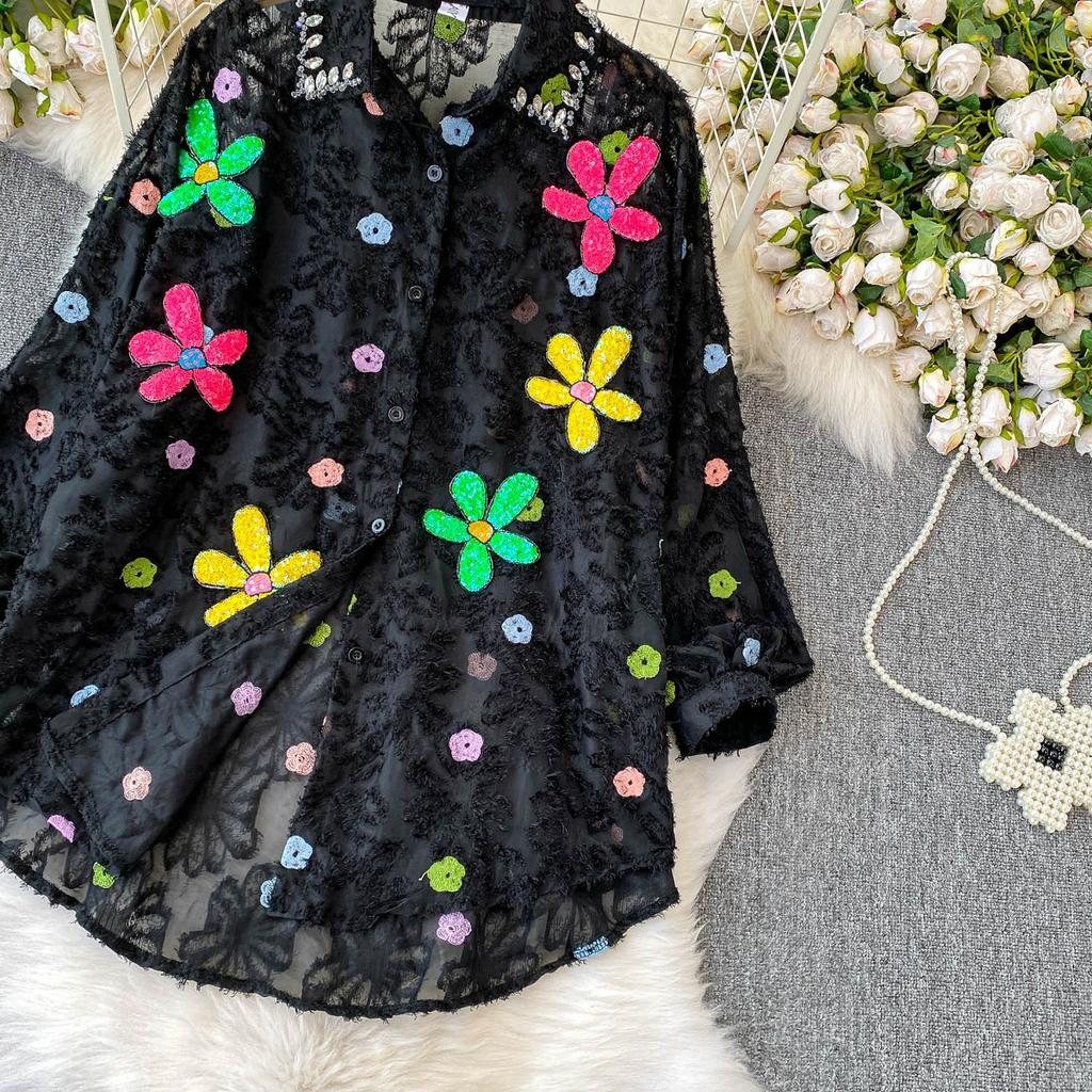Премиальная рубашка с лацканами и рукавами-фонариками, украшенная бриллиантовыми пайетками в виде цветов, женская летняя милая, омолаживающая, свободная, с бахромой