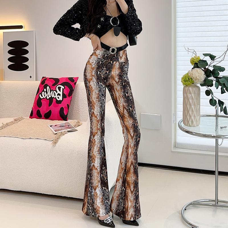 Весенние тонкие женские расклешенные брюки с высокой талией, облегающие брюки, расклешенные брюки с принтом и резинкой
