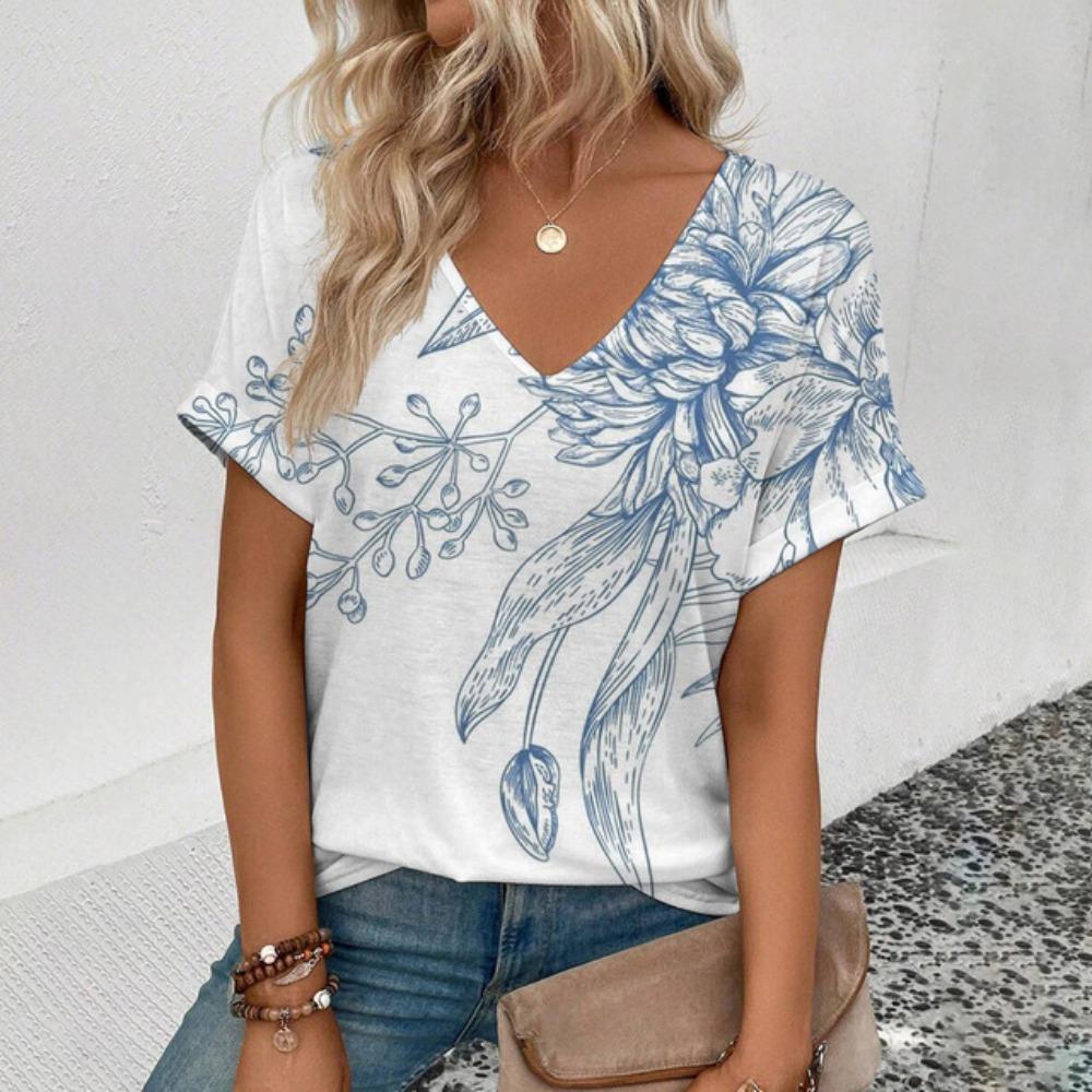 Топ для женщин, летняя женская футболка с V-образным вырезом, футболка с принтом в стиле ретро и цветочным узором, модная женская футболка для отдыха с коротким рукавом