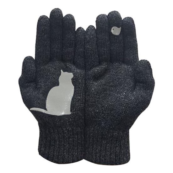 1 пара зимних вязаных перчаток, толстые плюшевые однотонные с принтом кошек и птиц, высокоэластичные, ветрозащитные, сохраняющие тепло, перчатки для велоспорта