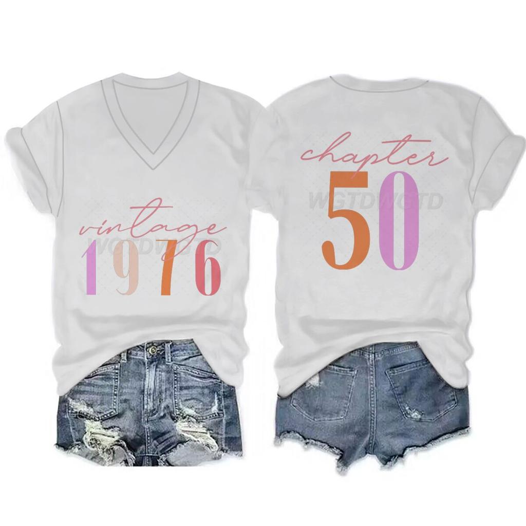 Women's Vintage 1976 Chapter 50 Print V Neck T-Shirt 50th Birthday Short Sleeve Graphic Tee Ladies Limited Edition 1976 T Shirt
