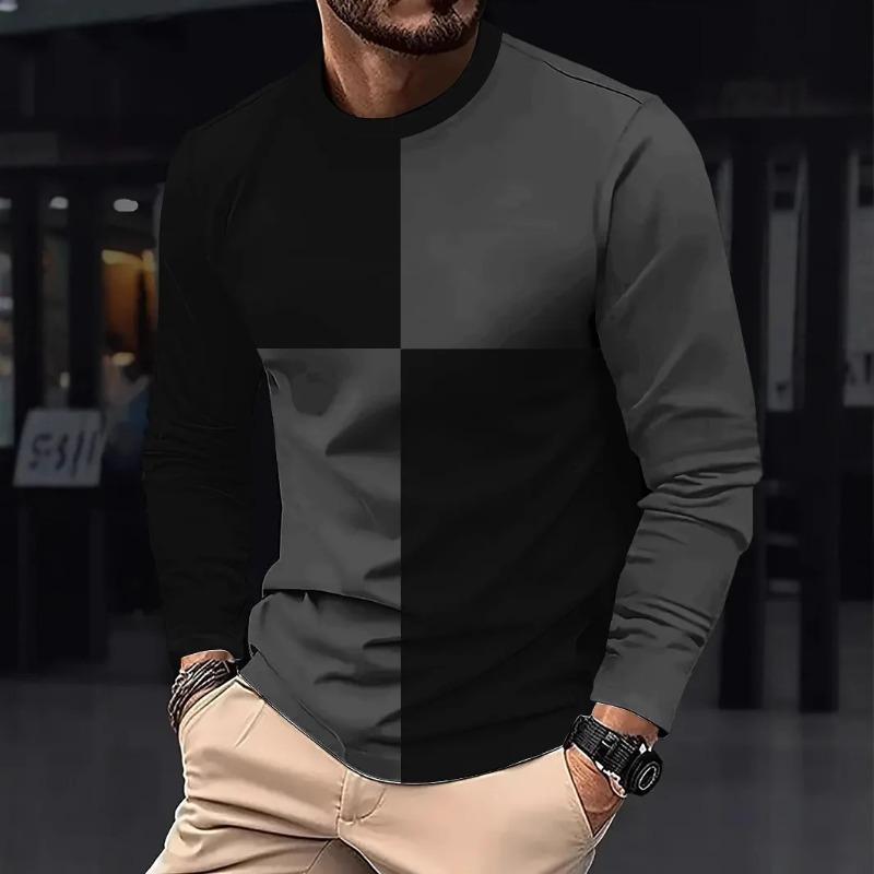 Мужская футболка в стиле business casual Удобный топ с длинным рукавом и круглым вырезом Лоскутная повседневная футболка для мужчин Весенняя дизайнерская футболка