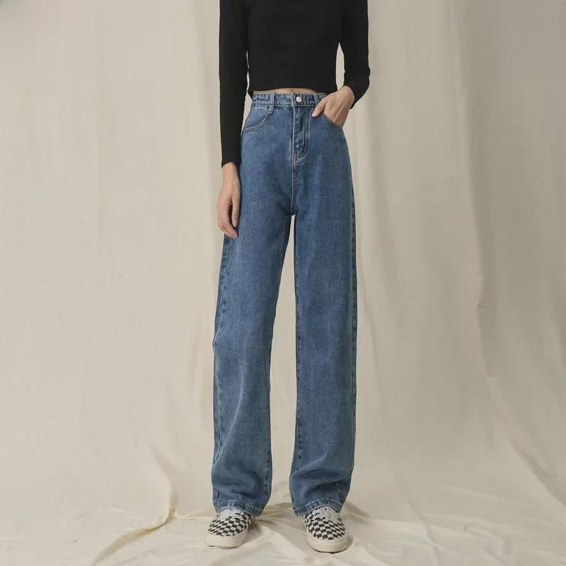 Женские джинсы прямого покроя с высокой талией и широкими штанинами 2021 года — свободный, облегающий крой с драпировкой