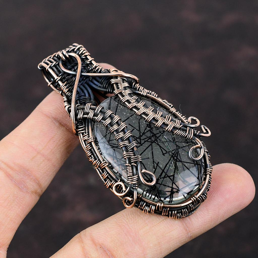 Black Rutile Pendant Copper Wire Wrapped Gemstone Pendant Antique Copper Wire Jewelry Birthstone Pendant Handmade Pendant Jewelry For Gift