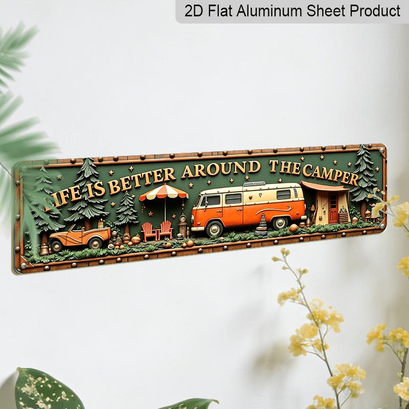 2D Flat, Vintage Camper Van & Retro Outdoor Wall Sign - Metal Rustic Decor Suitable for Bars, Living Rooms, Campgrounds, Christmas & Thanksgiving