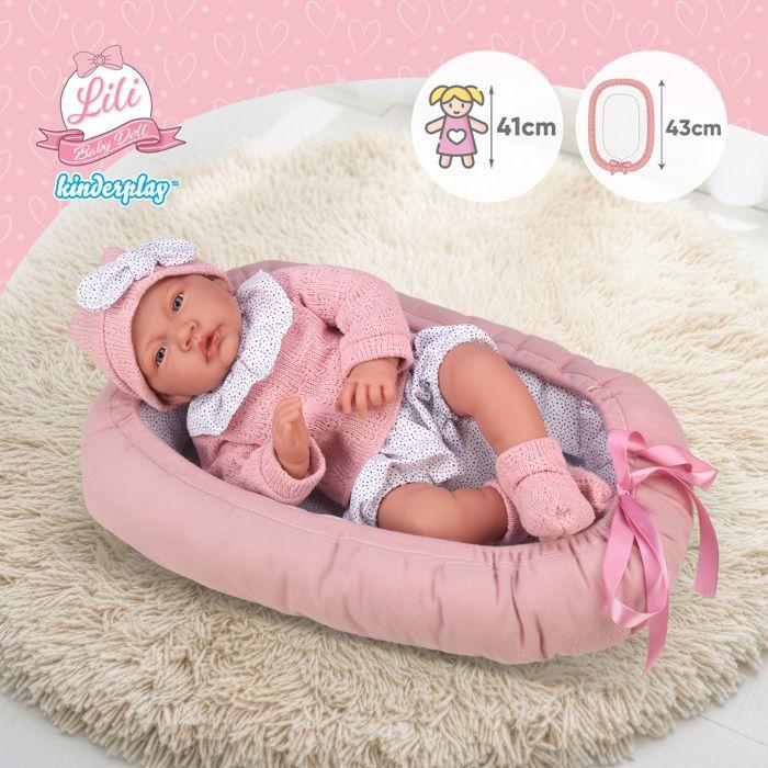Poupée bébé interactive 41 cm avec cocon, sons réalistes – Kinderplay Lili (KP3513)