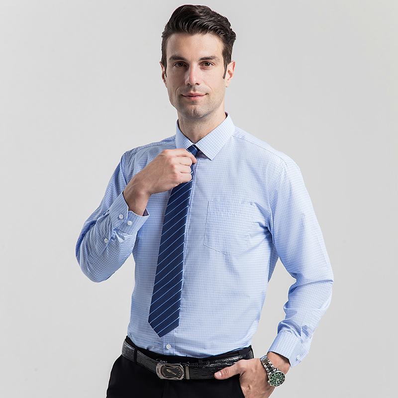 Классическая деловая мужская классическая рубашка с длинным рукавом в клетку с отложным воротником, синие клетчатые рубашки обычного кроя, мужские деловые офисные рубашки
