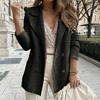 Women's Long Sleeve Tweed Double Breasted Blazer Jacket Notched Lapel Ribbed Open Front Fall Coat with Pockets