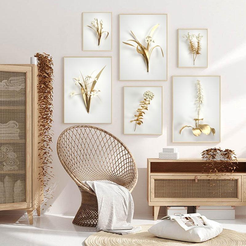 Золотой цветок, абстрактный растительный настенный плакат, скандинавская печать на холсте, картина, современное популярное искусство, украшение, картина, декор для гостиной