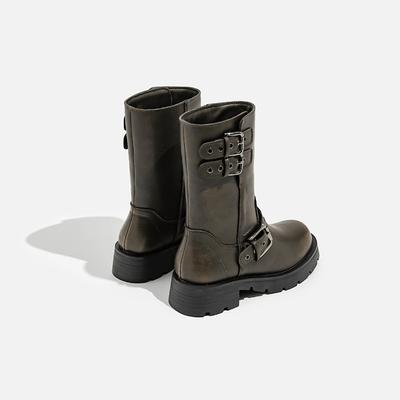 Женские ботинки Мартин Ботинки в стиле Spice Girls Рыцарские ботинки Круглый носок Металлическая пряжка-ремень На толстой подошве Короткие ботинки