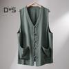 Мужской летний жилет однобортный в ретро-китайском стиле с завязками на пуговицах, свободный, без рукавов, с V-образным вырезом, накладными карманами, однотонный повседневный топ