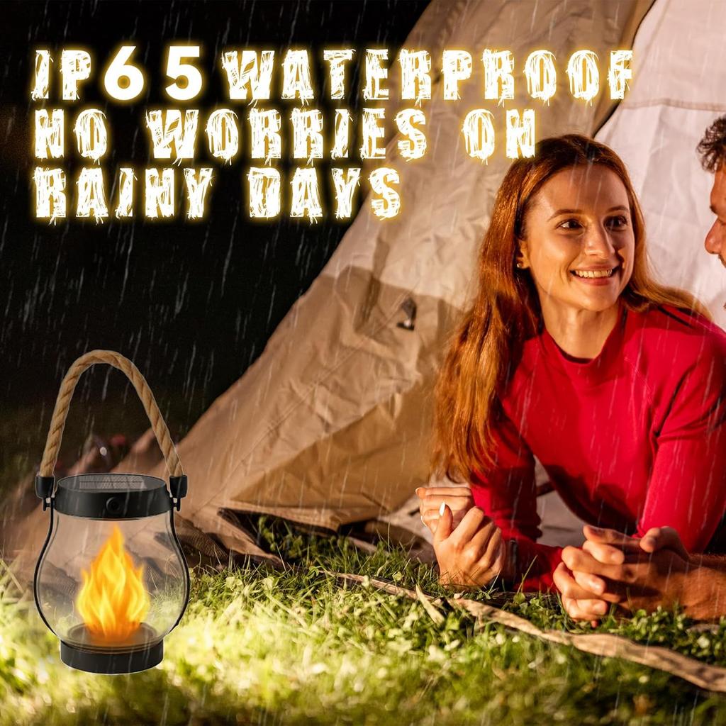 Solar Lantern Outdoor Lights, with Dancing Flame, Waterproof Hemp Rope Hanging Flickering Solar Lights Outdoor with Dual Charging Modes of