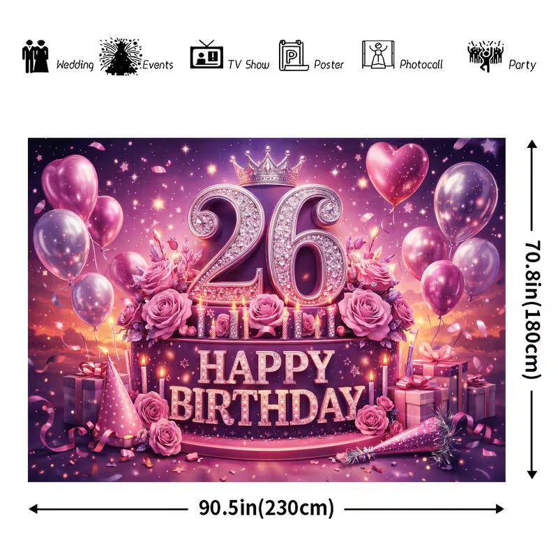 Двумерный фон для 26-го дня рождения женщины, фиолетово-розовый с блестками, тематический фон для фотосъемки
