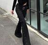 Retro Pure Black Rivet Design Belt Decorative Slim Pants for Women Y2k Harajuku Goth Low-waisted Flared Pants