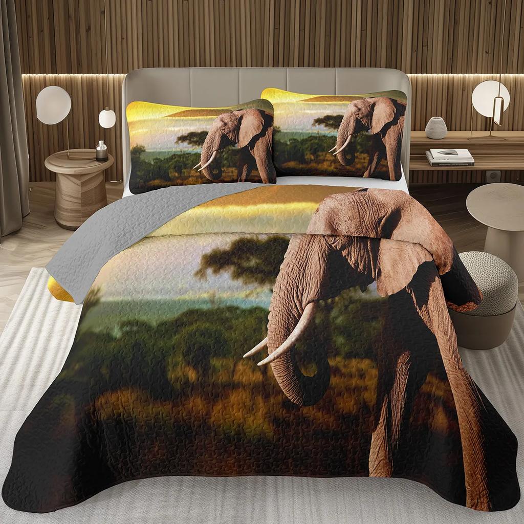 Elephant Bedspread Twin Queen King Size African Safari Animal Theme Quilt Set Jungle Wildlife Coverlet Set with 1/2 Pillowcase