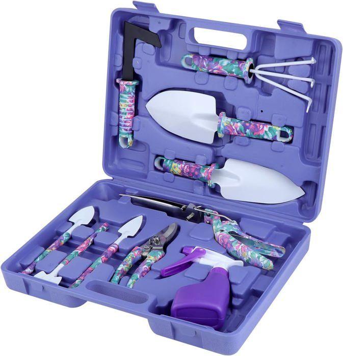 AIMOONSA Kit jardinage 10 pièces violet - pelles, râteaux, ciseaux, désherbeur, pulvérisateur, poignée ergonomique