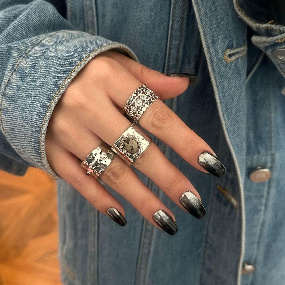 3Pcs Geometry Vintage Rhinestone Rings Gold Silver Women Finger Jewelry Punk Metal Open Ring Party
