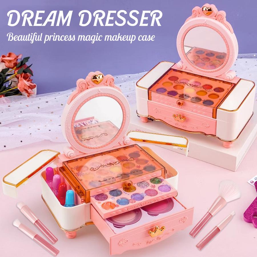 49 Pcs Dresser Kids Makeup Kit for Girls, Dressing Table Princess Real Washable Pretend Play Cosmetic Set Toys with Mirror, Non-