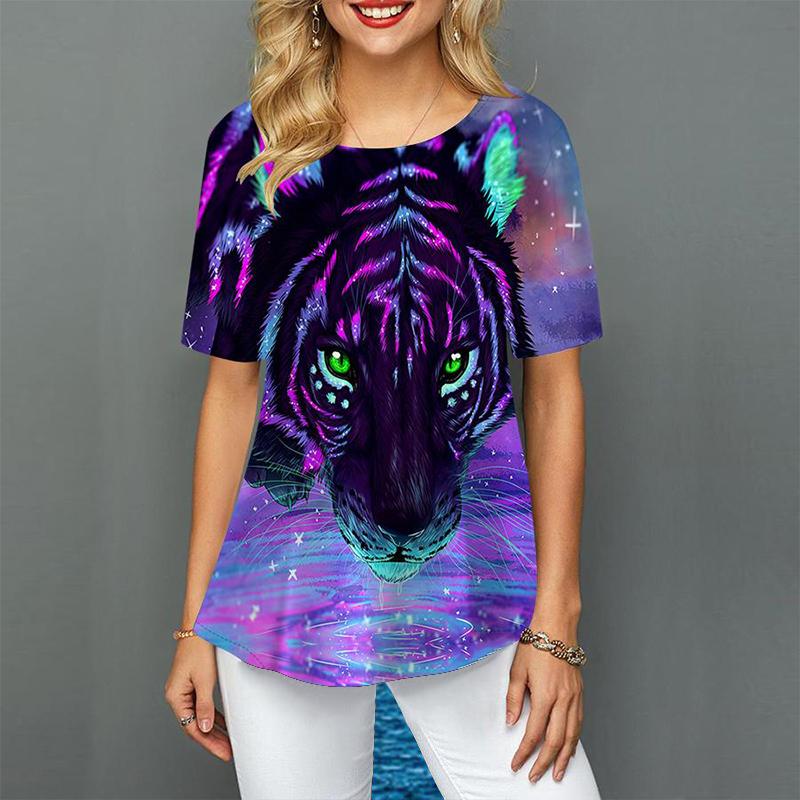 Women Plus Size Ladies Tee Short Sleeve T Shirts Colorful Tiger 3d Print Loose Casual Tops Female Irregular Summer Clothes